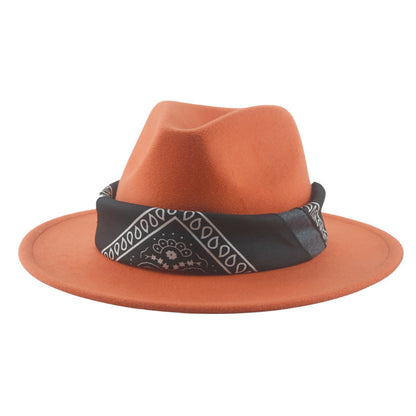 Paisley Ribbon Wide Brim Woolen Top Hat Felt Cowboy Hat - Urban Caps 