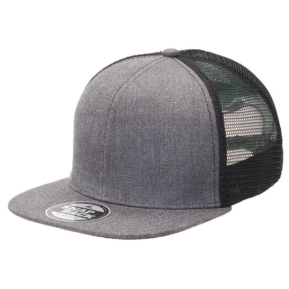 Heathered Flat Peak Trucker Cap – Structured 6-Panel, Breathable Mesh, Adjustable Snapback - Urban Caps 
