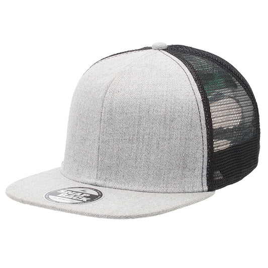 Heathered Flat Peak Trucker Cap – Structured 6-Panel, Breathable Mesh, Adjustable Snapback - Urban Caps 