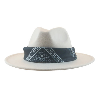 Paisley Ribbon Wide Brim Woolen Top Hat Felt Cowboy Hat - Urban Caps 