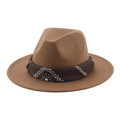 Paisley Ribbon Wide Brim Woolen Top Hat Felt Cowboy Hat - Urban Caps 