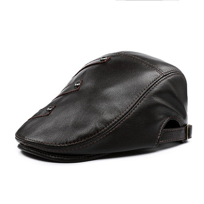 Autumn And Winter Genuine Leather Men's Middle-aged And Elderly Duck Tongue Korean Workers Monochrome Beret - Urban Caps 