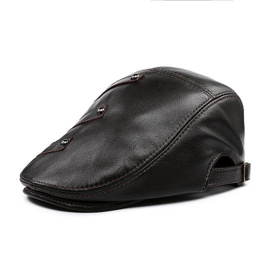 Autumn And Winter Genuine Leather Men's Middle-aged And Elderly Duck Tongue Korean Workers Monochrome Beret - Urban Caps 