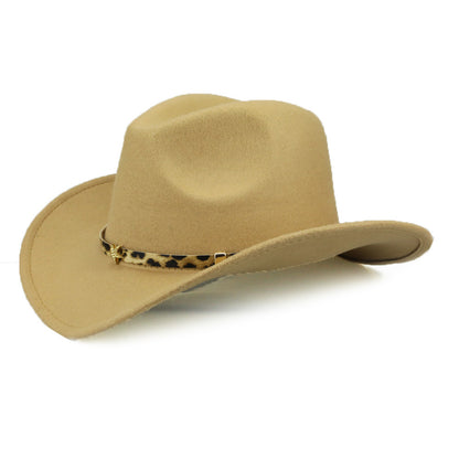Leopard Print Five-pointed Star Belt Cowboy Hat Men's And Women's Autumn And Winter Woolen Fedora Hat Outdoor Knight Hat Western Cowboy Hat - Urban Caps 