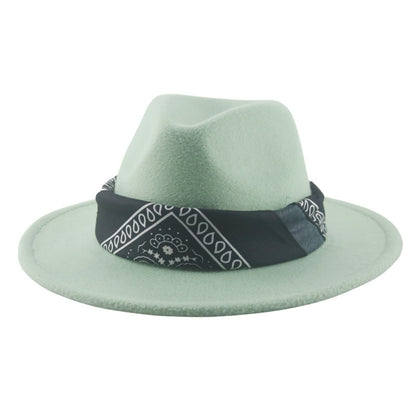 Paisley Ribbon Wide Brim Woolen Top Hat Felt Cowboy Hat - Urban Caps 