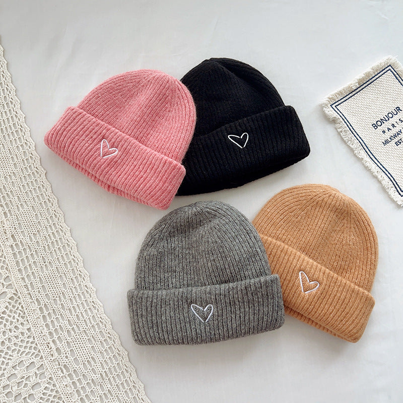 Heart Embroidery Solid Color Children Woolen Knitted Hat - Urban Caps 