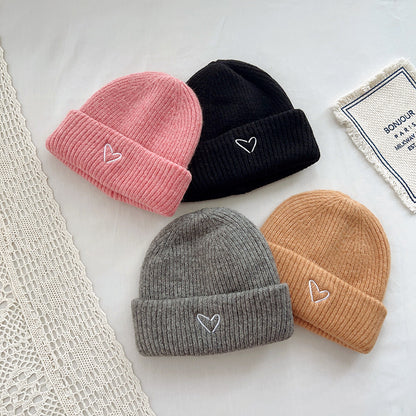 Heart Embroidery Solid Color Children Woolen Knitted Hat - Urban Caps 