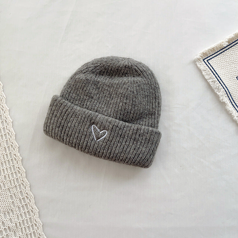 Heart Embroidery Solid Color Children Woolen Knitted Hat - Urban Caps 