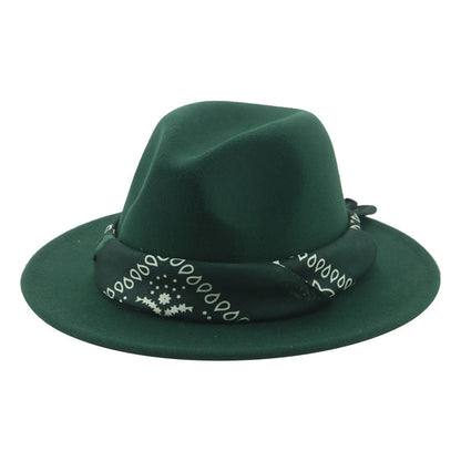 Paisley Ribbon Wide Brim Woolen Top Hat Felt Cowboy Hat - Urban Caps 