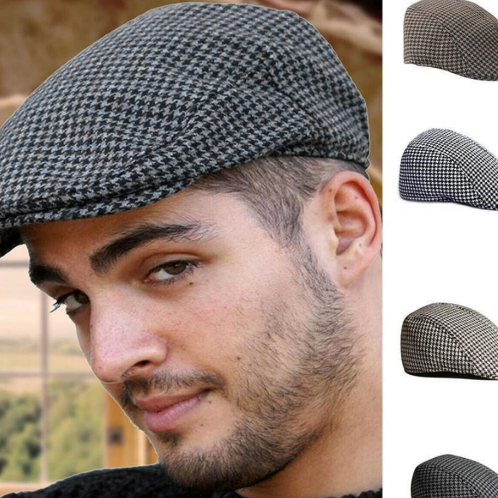 Houndstooth Flat Cap – Cotton Newsboy Beret Hat for Adults