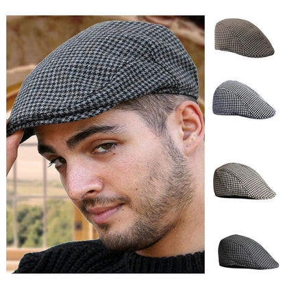 Houndstooth Flat Cap – Cotton Newsboy Beret Hat for Adults