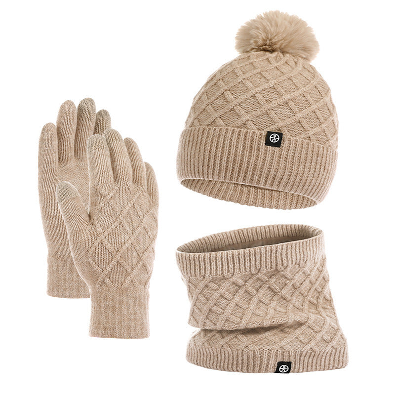 Autumn And Winter Hat Scarf Gloves Knitted Hat Amazon Outdoor Fleece-lined Warm Fur Ball Thickened Woolen Cap Three-piece Set - Urban Caps 