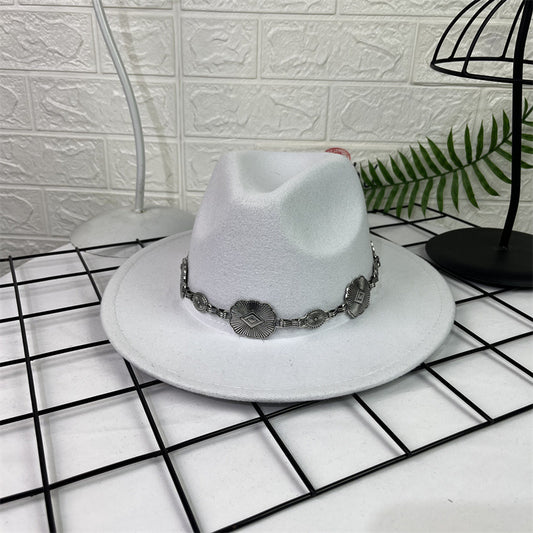 Hat Silver Square Chain Top Hat Wide Brim Flat Edge Woolen Fedora Hat - Urban Caps 