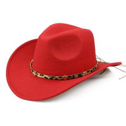 Leopard Print Five-pointed Star Belt Cowboy Hat Men's And Women's Autumn And Winter Woolen Fedora Hat Outdoor Knight Hat Western Cowboy Hat - Urban Caps 