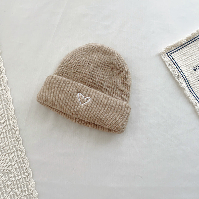 Heart Embroidery Solid Color Children Woolen Knitted Hat - Urban Caps 