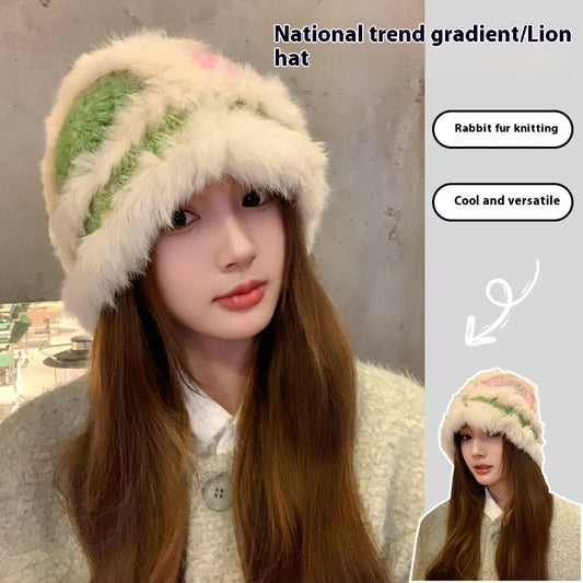 Handmade Knitted Woolen Warm Furry Hat Showing Face Small Bucket Cap - Urban Caps 