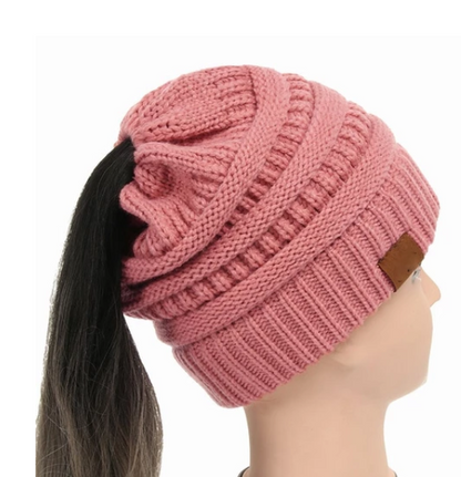 Cable Knit Fuzzy Lined High Bun Beanie - Urban Caps 