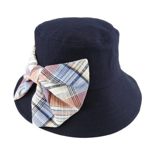 Cotton Bucket Hat with Check Pattern Side Bow and Brim Underside