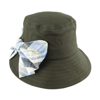 Cotton Bucket Hat with Check Pattern Side Bow and Brim Underside