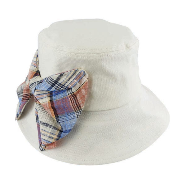 Cotton Bucket Hat with Check Pattern Side Bow and Brim Underside
