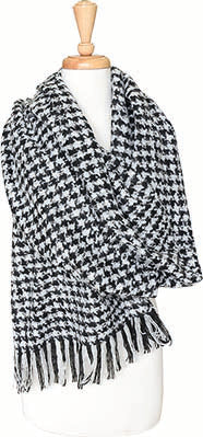 Wide Brushed Acrylic Houndstooth Scarf with Fringe