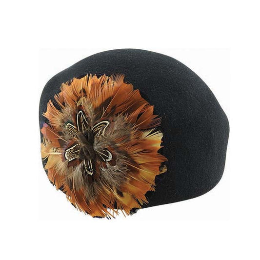 Women’s Structured Wool Felt Beret – Feather Accent and Classic Fit