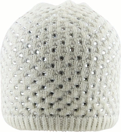 Stone-Embellished Acrylic Knit Beanie with Block Pattern