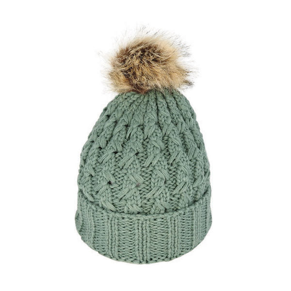 Women’s Chunky Cable Knit Beanie with Faux Fur Pom – 100% Acrylic Winter Hat