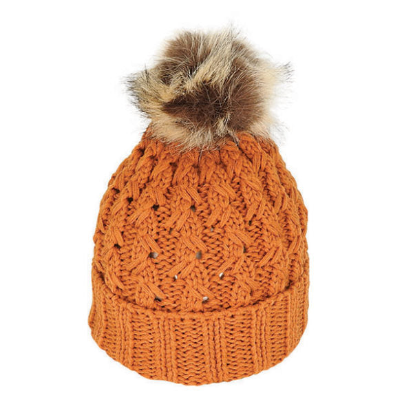 Women’s Chunky Cable Knit Beanie with Faux Fur Pom – 100% Acrylic Winter Hat