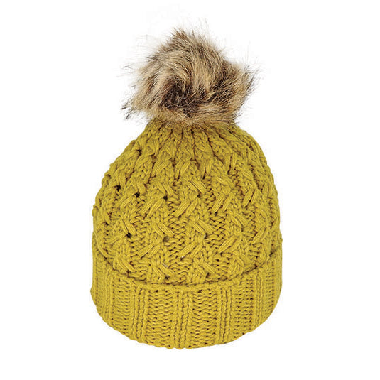 Women’s Chunky Cable Knit Beanie with Faux Fur Pom – 100% Acrylic Winter Hat
