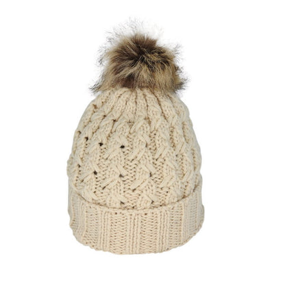 Women’s Chunky Cable Knit Beanie with Faux Fur Pom – 100% Acrylic Winter Hat