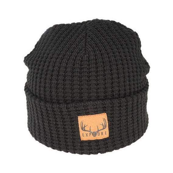Georgie – Acrylic Waffle Knit Beanie with Suede Explore Patch