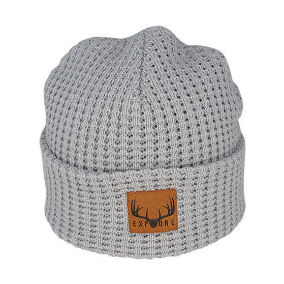 Georgie – Acrylic Waffle Knit Beanie with Suede Explore Patch
