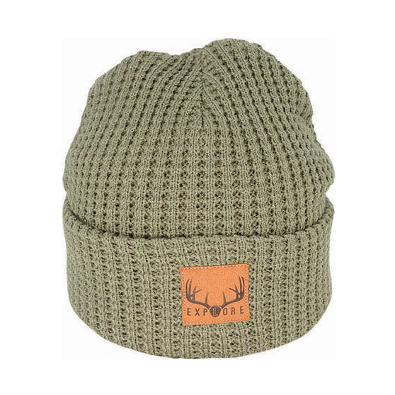Georgie – Acrylic Waffle Knit Beanie with Suede Explore Patch