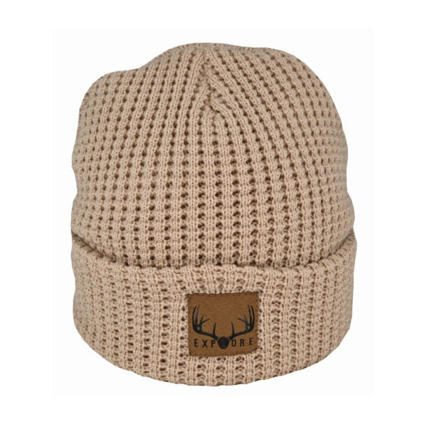 Georgie – Acrylic Waffle Knit Beanie with Suede Explore Patch