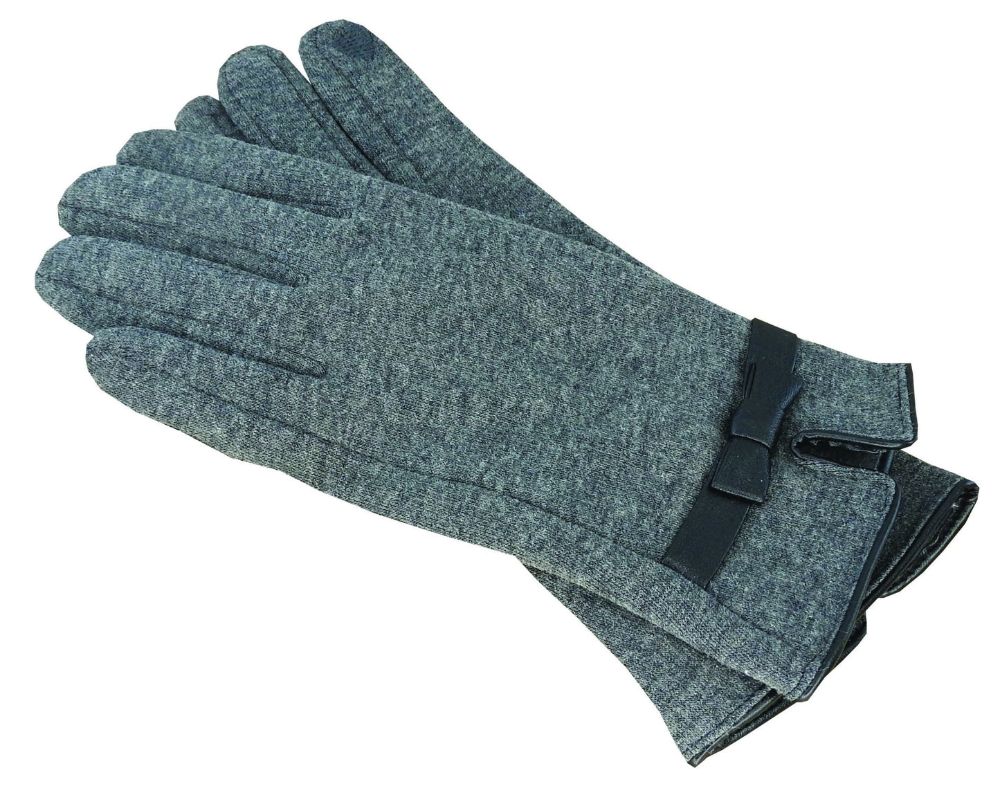 Polyester Stretch Gloves with Faux Leather Trim and Touchscreen Bow Detail