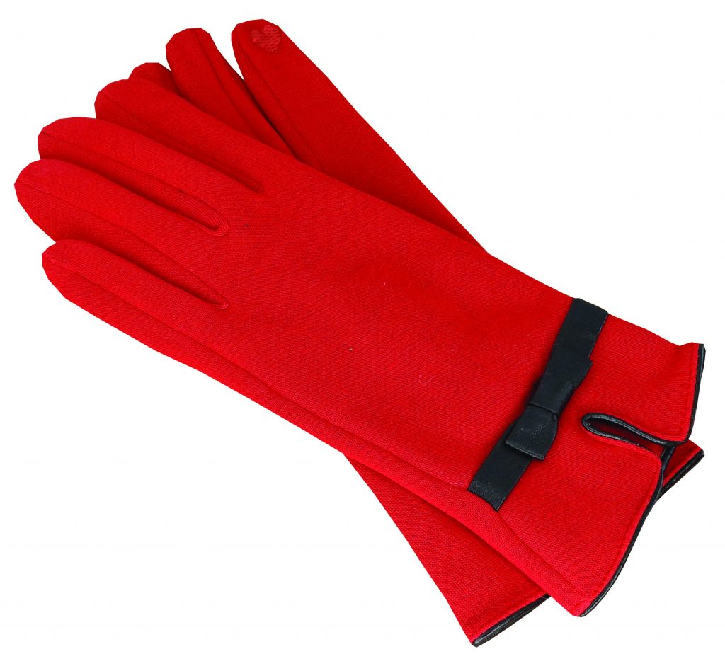 Polyester Stretch Gloves with Faux Leather Trim and Touchscreen Bow Detail