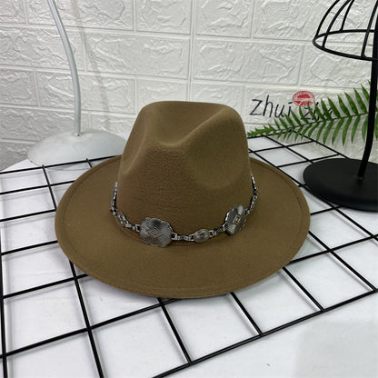Hat Silver Square Chain Top Hat Wide Brim Flat Edge Woolen Fedora Hat - Urban Caps 