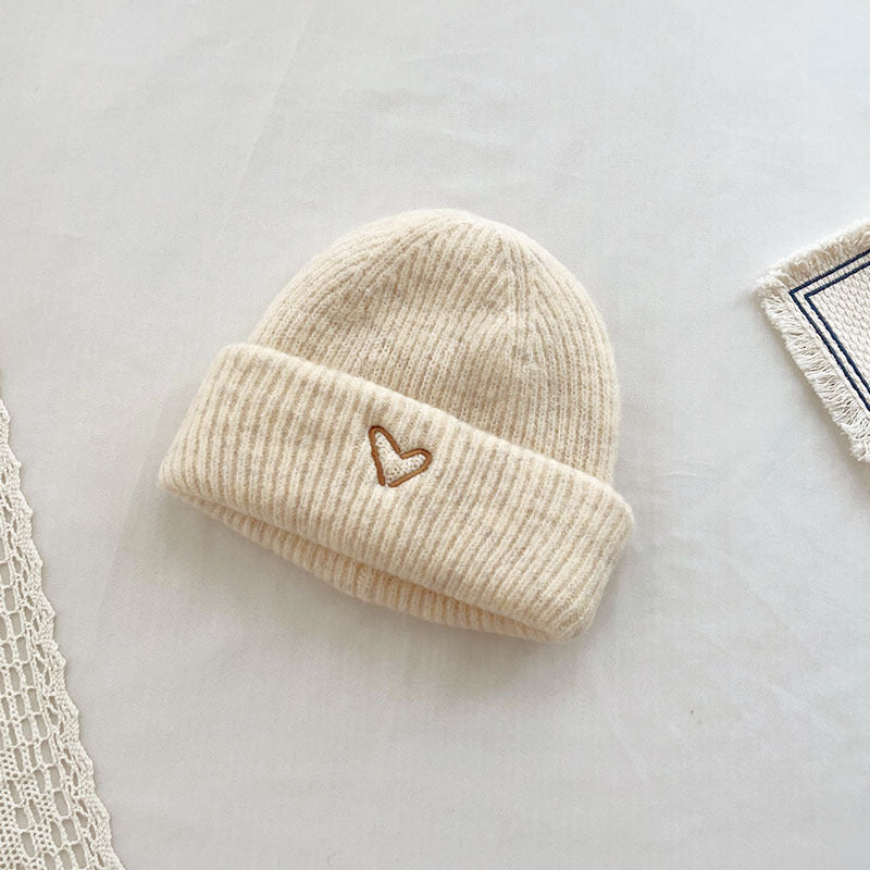 Heart Embroidery Solid Color Children Woolen Knitted Hat - Urban Caps 