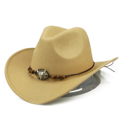 Western Cowboy Hat Wooden Bead Bull Head Fedora Hat - Urban Caps 