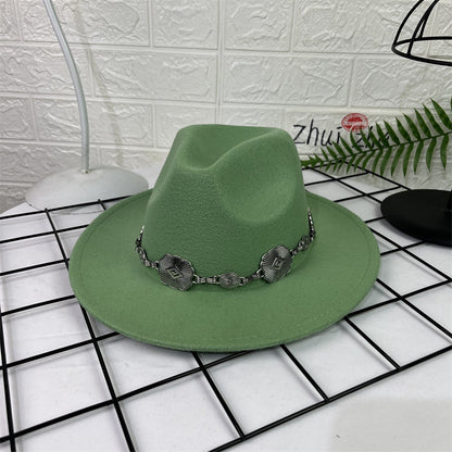 Hat Silver Square Chain Top Hat Wide Brim Flat Edge Woolen Fedora Hat - Urban Caps 