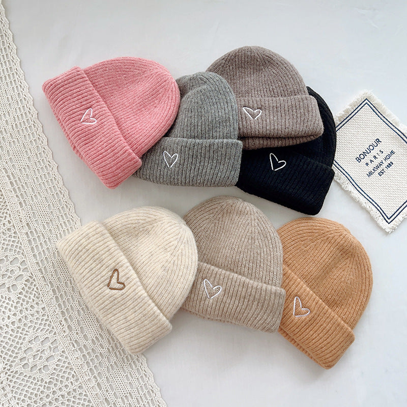 Heart Embroidery Solid Color Children Woolen Knitted Hat - Urban Caps 