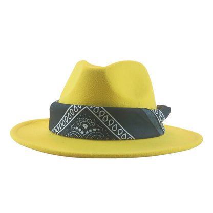 Paisley Ribbon Wide Brim Woolen Top Hat Felt Cowboy Hat - Urban Caps 