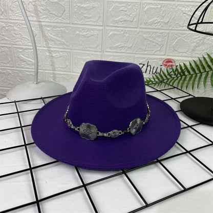 Hat Silver Square Chain Top Hat Wide Brim Flat Edge Woolen Fedora Hat - Urban Caps 