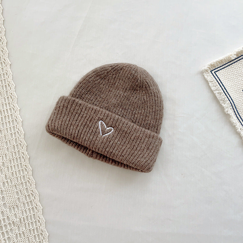 Heart Embroidery Solid Color Children Woolen Knitted Hat - Urban Caps 