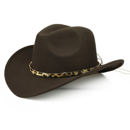 Leopard Print Five-pointed Star Belt Cowboy Hat Men's And Women's Autumn And Winter Woolen Fedora Hat Outdoor Knight Hat Western Cowboy Hat - Urban Caps 
