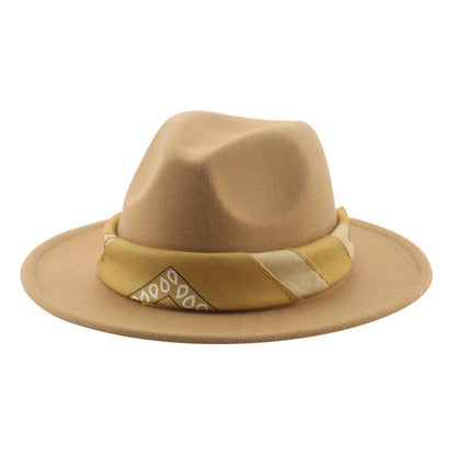 Paisley Ribbon Wide Brim Woolen Top Hat Felt Cowboy Hat - Urban Caps 
