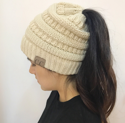 Cable Knit Fuzzy Lined High Bun Beanie - Urban Caps 