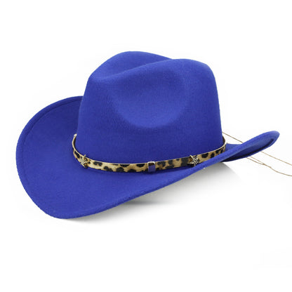 Leopard Print Five-pointed Star Belt Cowboy Hat Men's And Women's Autumn And Winter Woolen Fedora Hat Outdoor Knight Hat Western Cowboy Hat - Urban Caps 