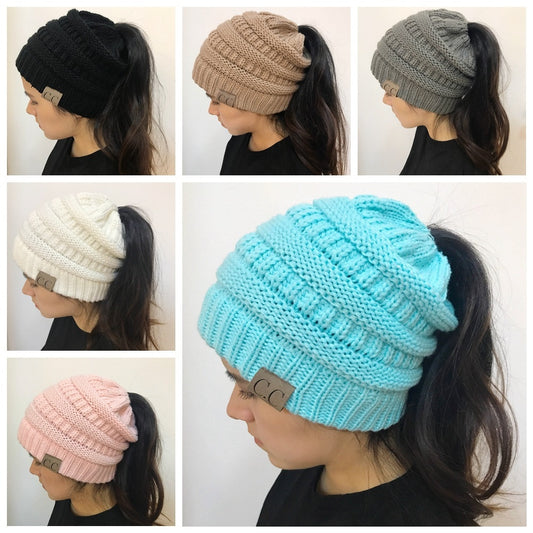 Cable Knit Fuzzy Lined High Bun Beanie